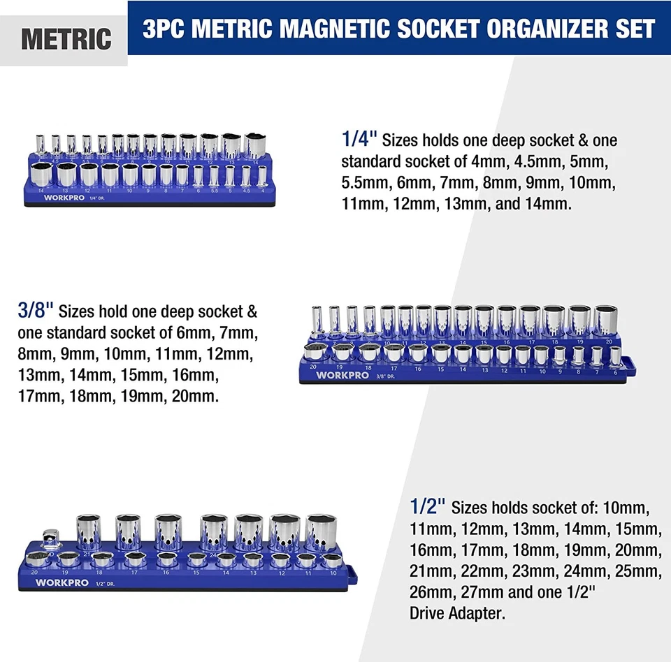 WORKPRO Magnetic Socket Organizer Set 3PC Socket Holder Set 1/4"3/8"&1/2"Drive - Image 2 of 4
