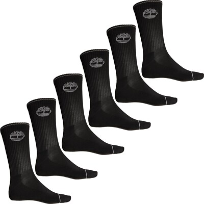 6 Pairs TIMBERLAND SOFT RIBBED Cushioned CREW DRY Socks BLACK Large 6-12 $29