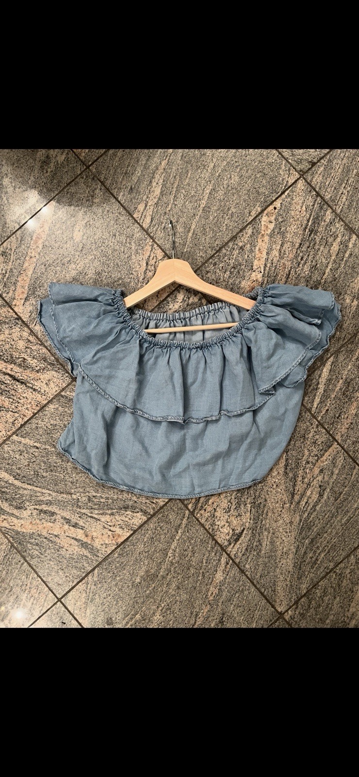 ZARA Boho Ruffled Denim Dainty Fairy cropped top Whimsical Off-the-Shoulder sz S