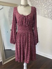 American Eagle Outfitters Floral Long-Sleeve Smocked Dress Burgundy