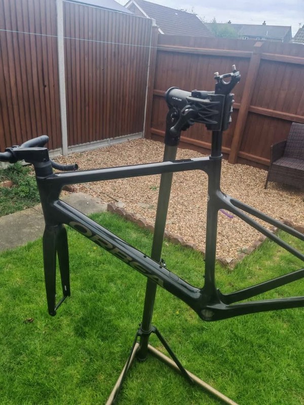 Orbea orca 55cm Raw Carbon road bike frame with fork, stem, bars, headset, axles