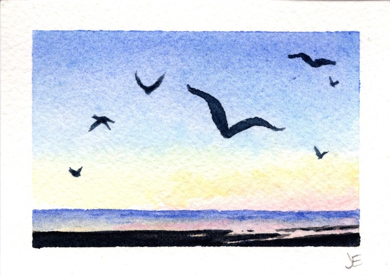 ACEO Original Watercolor Beach Ocean Sunset Sunrise Seagulls OOAK ~ No Reserve