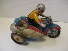 Vintage Tin Wind Up Motorcycle with Sidecar - by Clockwork Toys c1970 WORKS 