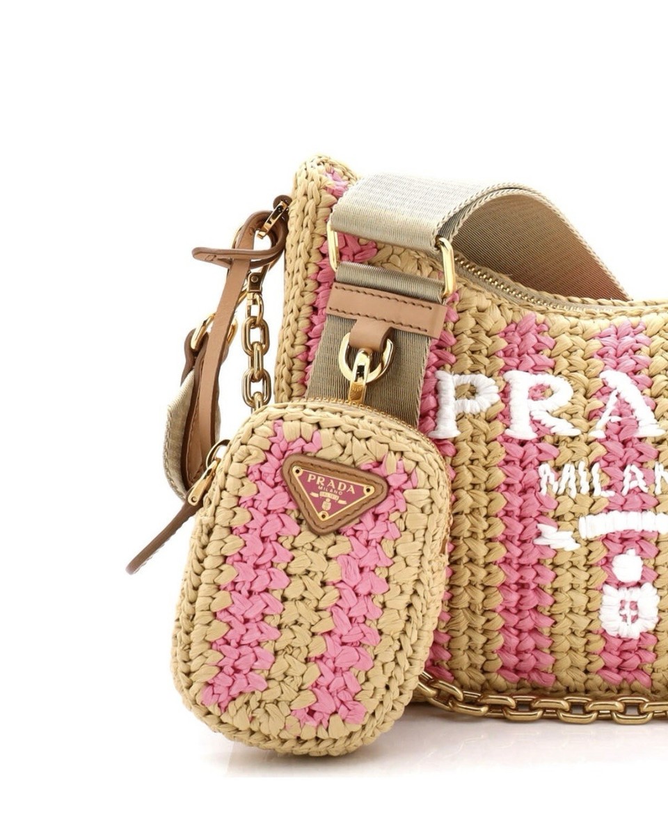 Prada Re-Edition 2005 Raffia Crochet Pink Striped Naturale Petalo