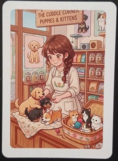 1 SWAP PLAYING CARD YOUNG GIRL TAKING CARE OF PUPPIES & KITTENS