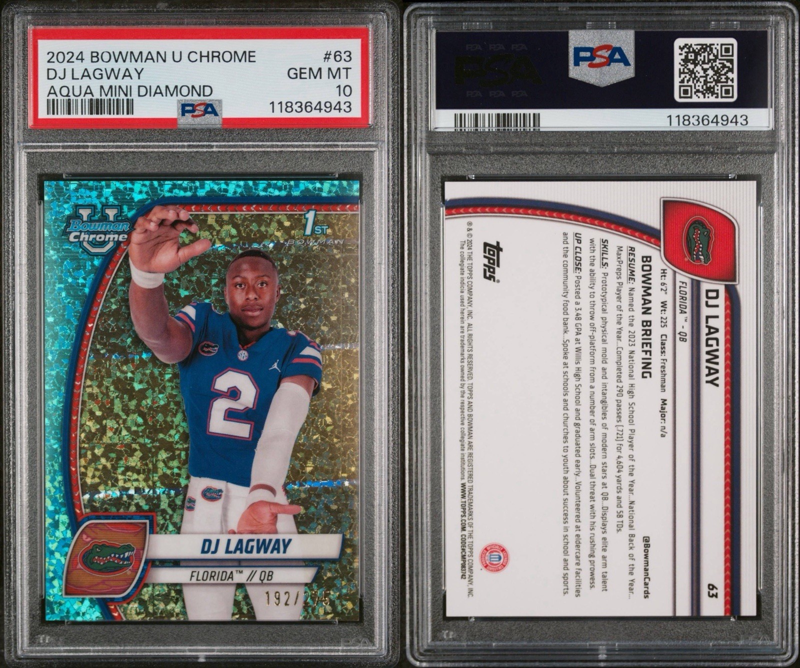 DJ Lagway 2024 Bowman U Chrome 1st Aqua Mini Diamond /275 PSA 10 Rookie