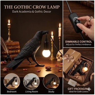 Gothic Crow Lamp - Dark Academia Night Light