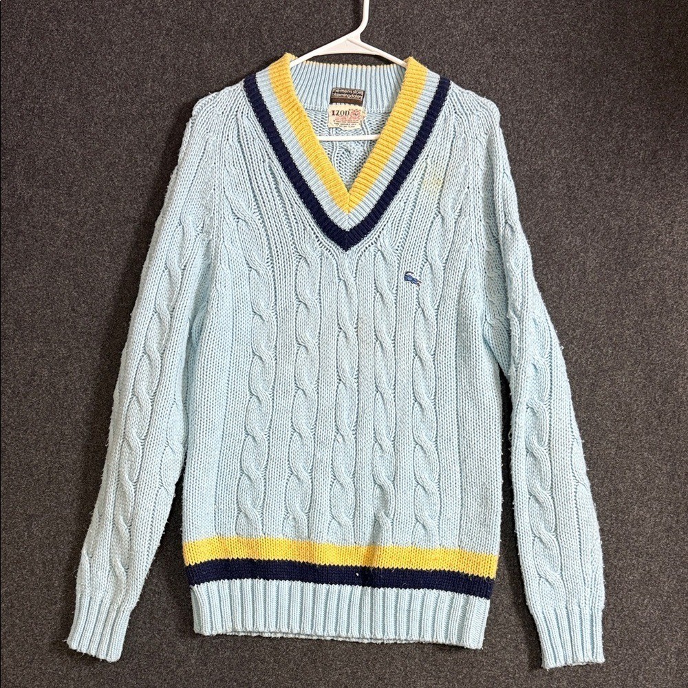 1970s Izod Lacoste Pastel Blue  V-Neck Sweater with Yellow and Navy Trim Large