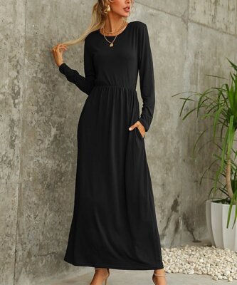 chinese dress ladies Women Long Sleeve Loose Plain Maxi Dresses with Pockets, Small