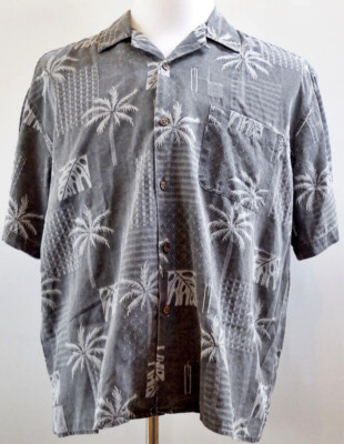 Vintage Silk Button-Up S/S Texture Gray Palm Tree Block Print Hawaiian Shirt  L