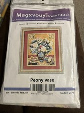 New Peony Vase Flowers Stamped Cross Stitch Kit Complete, Crafts Hand Crafts