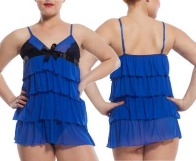 Sexy Damen Negligee Rüschen Schleifchen Dessous Blau inkl String Tanga XL/XXL