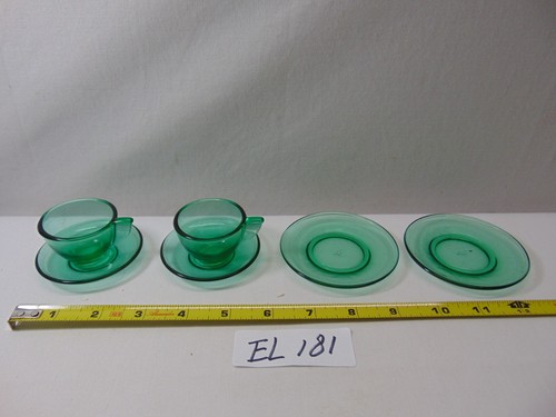 Vintage Akro Green Uranium Glass Childs Play Kids 6 Pc Lot Cups Saucers Plates