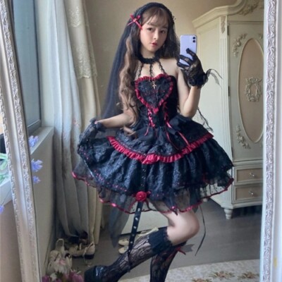 Dark Gothic Lolita Style Dresses Victorian Lace Halter Neck Bandage Corset Jsk 