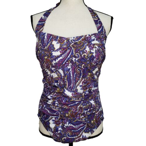 Lands End Swimsuit Size 14 One Piece Halter Purple Paisley Twist Bust Shelf Bra