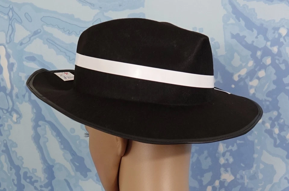 NJ Novedad - Sombrero de Gángster Fedora, Sombrero Pellizcado Negro Accesorio de Disfraz + Banda Blanca Foto 2 de 3