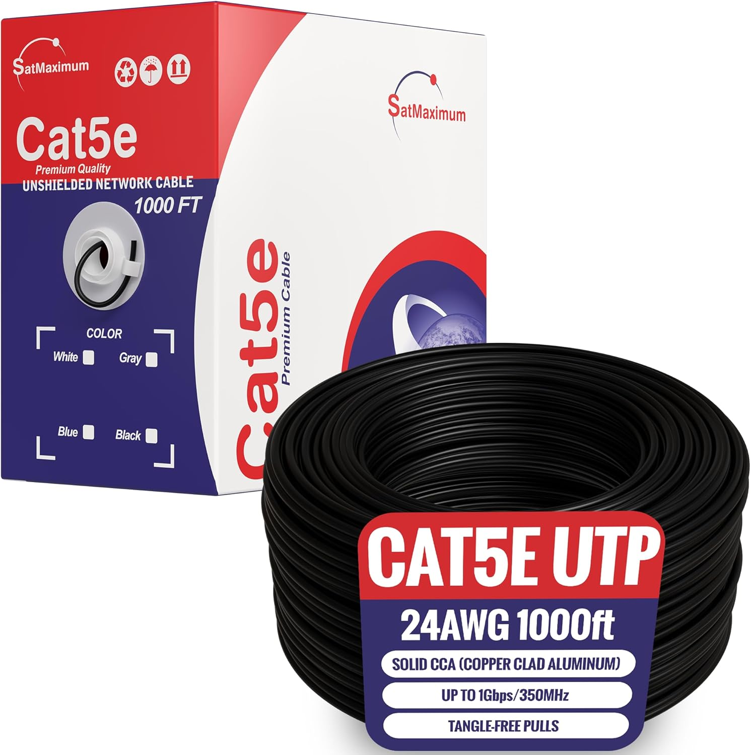 1000Ft Cat5E Solid 24AWG Cable UTP Cat5 Bulk Pull Box Network Copper Clad Alumin