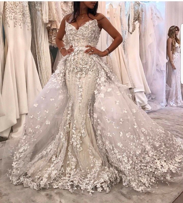 Luxury Mermaid Wedding Dresses with Straps Detachable Train Florals Bridal  Gowns