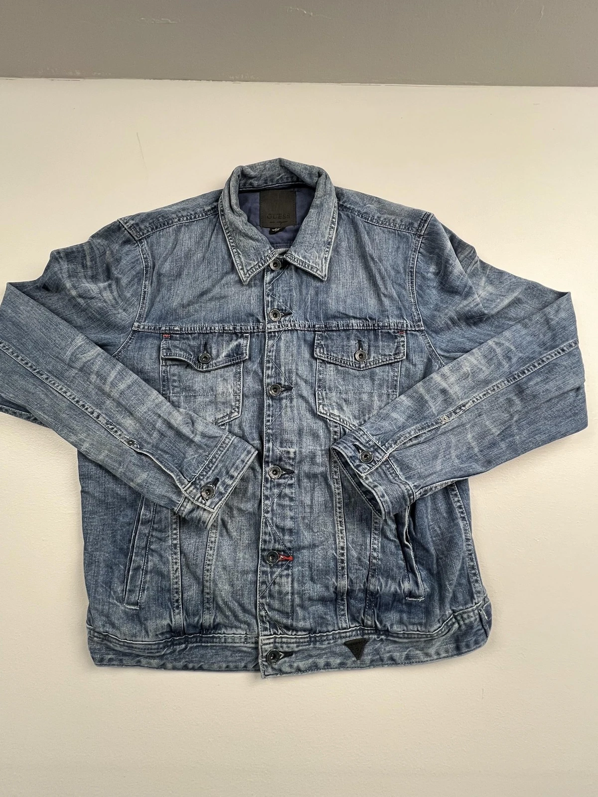 Guess Jacket Mens XL Blue Denim Bomber Button Pockets Classic Casual Streetwear
