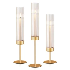 Gold Hurricane Candle Holders: Fluted Tall Candlestick Holders for Wedding Br...