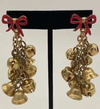 Red Enamel Bow Gold-Tone Dangling Christmas Bells  Jingle Bells Stud Earrings