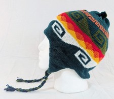 Colorful Soft Alpaca Chullo Reversible Beanie Green Pom Pom Earflap