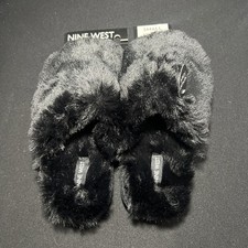 NWT  s Nine West Closed Toe Fluffy Pile Black Slippers Size Small 5-6