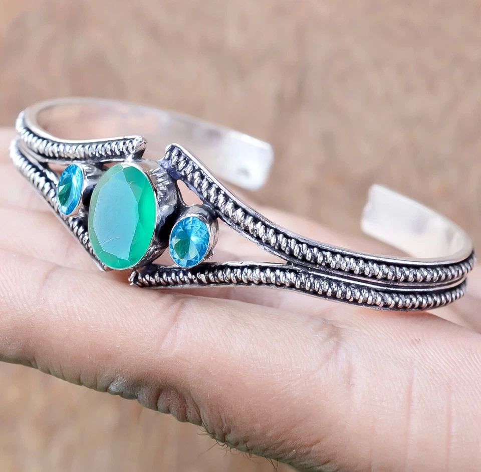 Bracciale con onice verde e topazio blu di Londra. Polsino gioielli da uomo... - Immagine 2 di 4