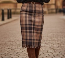 VTG Requirements Womens 14 Pencil Maxi Skirt Fringe Tan Brown Plaid Wool Blend