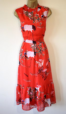 €135 SOFIE SCHNOOR Red Japanese Crane Bird Print Ruffle Midi Dress S Wedding