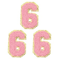 3 Pcs Chenille Number 6 Patch 2.17" Self-Adhesive Patch Pink with Gold Edge