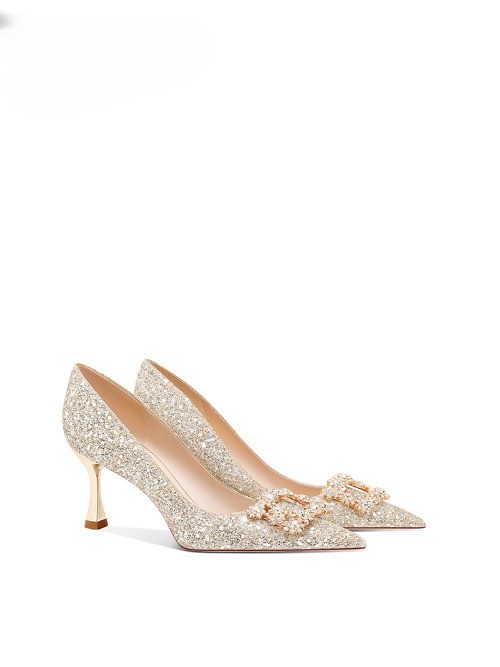 Champagne Colored Wedding Shoes, Women's Wedding Dress, Wearing Two High Heels