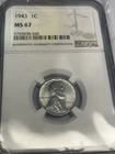 1943 P LINCOLN STEEL CENT NGC MS67 UNCIRCULATED WHEAT PENNY NICE SHINE
