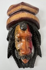 Hand Carved Wooden Bearded Jamaican Rastafarian Wall Decor Folk Art Great Color