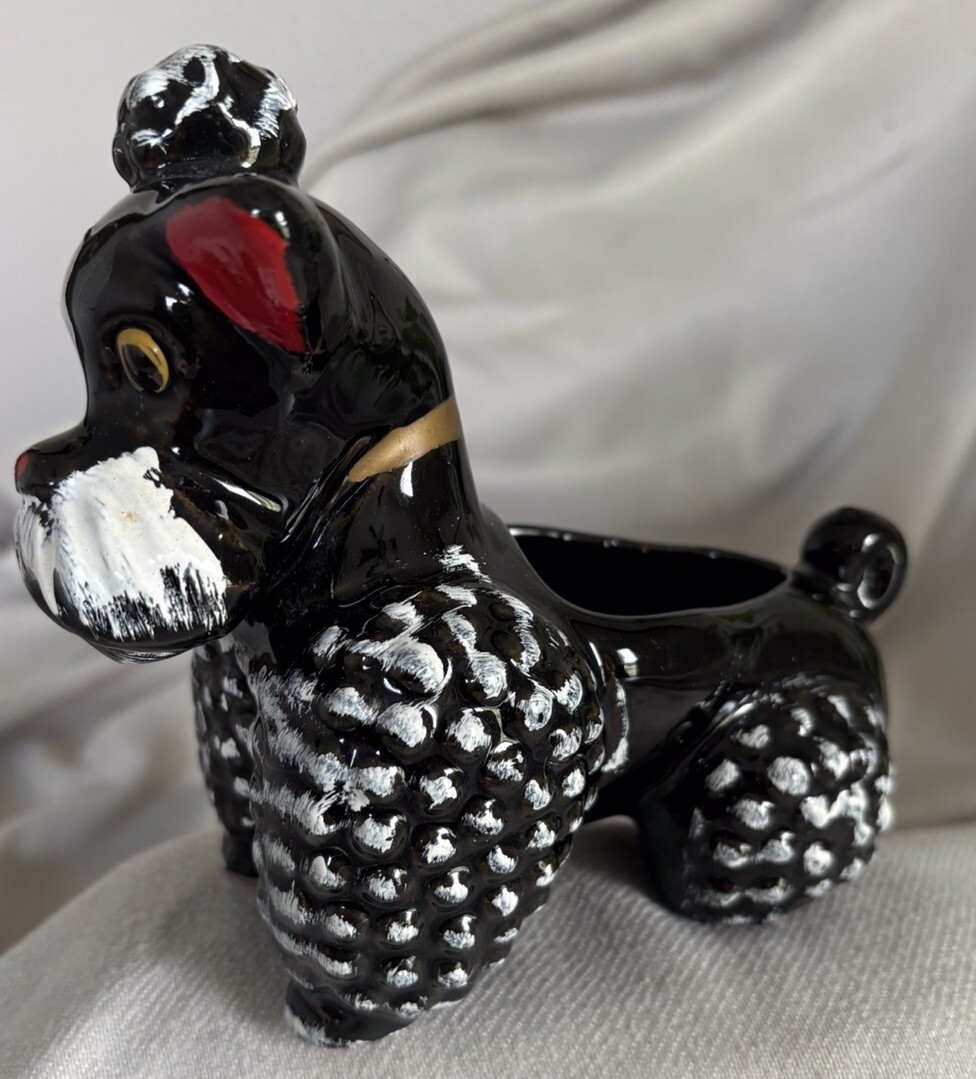 Vintage ~ Anthropomorphic Poodle Dog Planter Ceramic Black & White