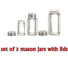 SET OF 3 MINIATURE CLEAR MASON JARS W/LIDS forFAIRY GARDEN orDOLLHOUSE Realistic