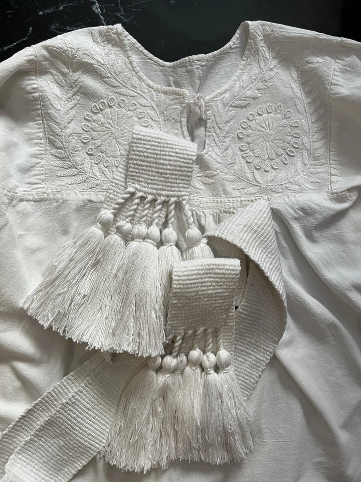 Cotton Belt White Woven Sash Krajka Tribal Tassels Accents Monochrome Strap Boho - Image 2 of 4