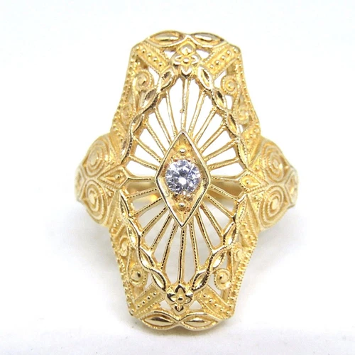 HUGE ANTIQUE DIAMOND FILIGREE REPRODUCTION RING,SOLID 14KY GOLD Size 6.5