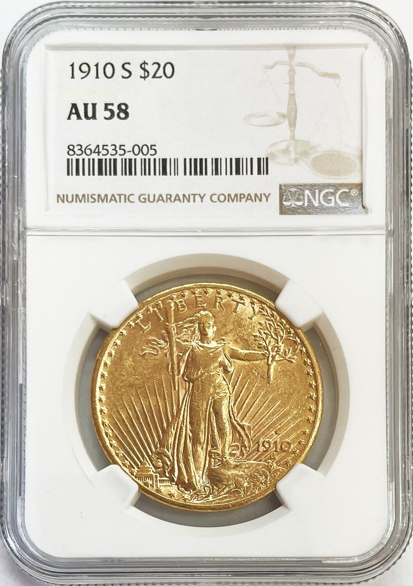 1910 S GOLD US $20 SAINT GAUDENS DOUBLE EAGLE COIN NGC ABOUT UNC