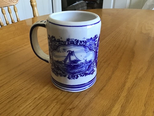 Vintage Holland Delft Coffee Mug Blue Ceramic Windmill Ship E 8410 - 8oz