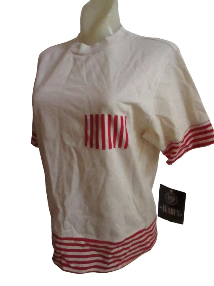 Camiseta Feminina Vintage Ponto Único Médio Anos 80 ALABUY LISTRADA NOVA COM ETIQUETAS DS BOXY M - Imagem 4 de 4