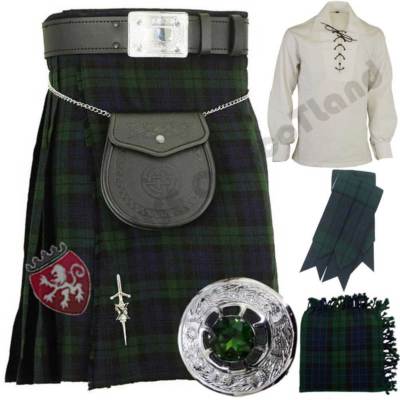 Schottische schwarze Uhr Tartan Outfit Highland Kilt Pin Schnalle Brosche Ledergürtel
