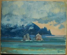Ukrainian Soviet Oil Painting seascape impressionism rocks clouds mountains