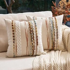 Farmhouse Decorative Striped Square Pillowcase Chenille Tufted Pillowcase