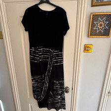 FOL Women’s Black & White Striped Midi A-Line Dress, Round Neck, Size S