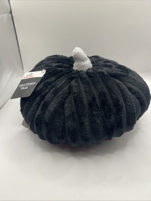 New Black Plush Pumpkin Tabletop Halloween Decor 7 Inch Soft Fabric Silver Stem