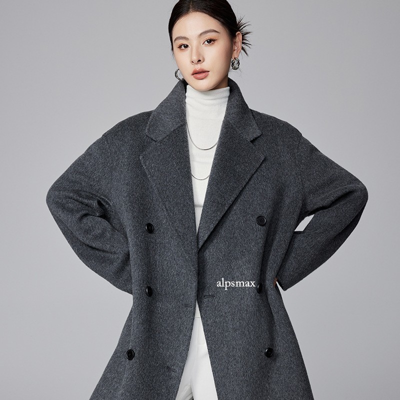 Womens 80% Wool 20% Cashmere Suit Collar Long Coat Overcoat Double Breasted Chic