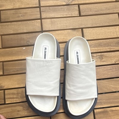 Jil Sander Damen Badelatschen Sandalen Leder Weiß/Schwarz EU 38 Slip-On