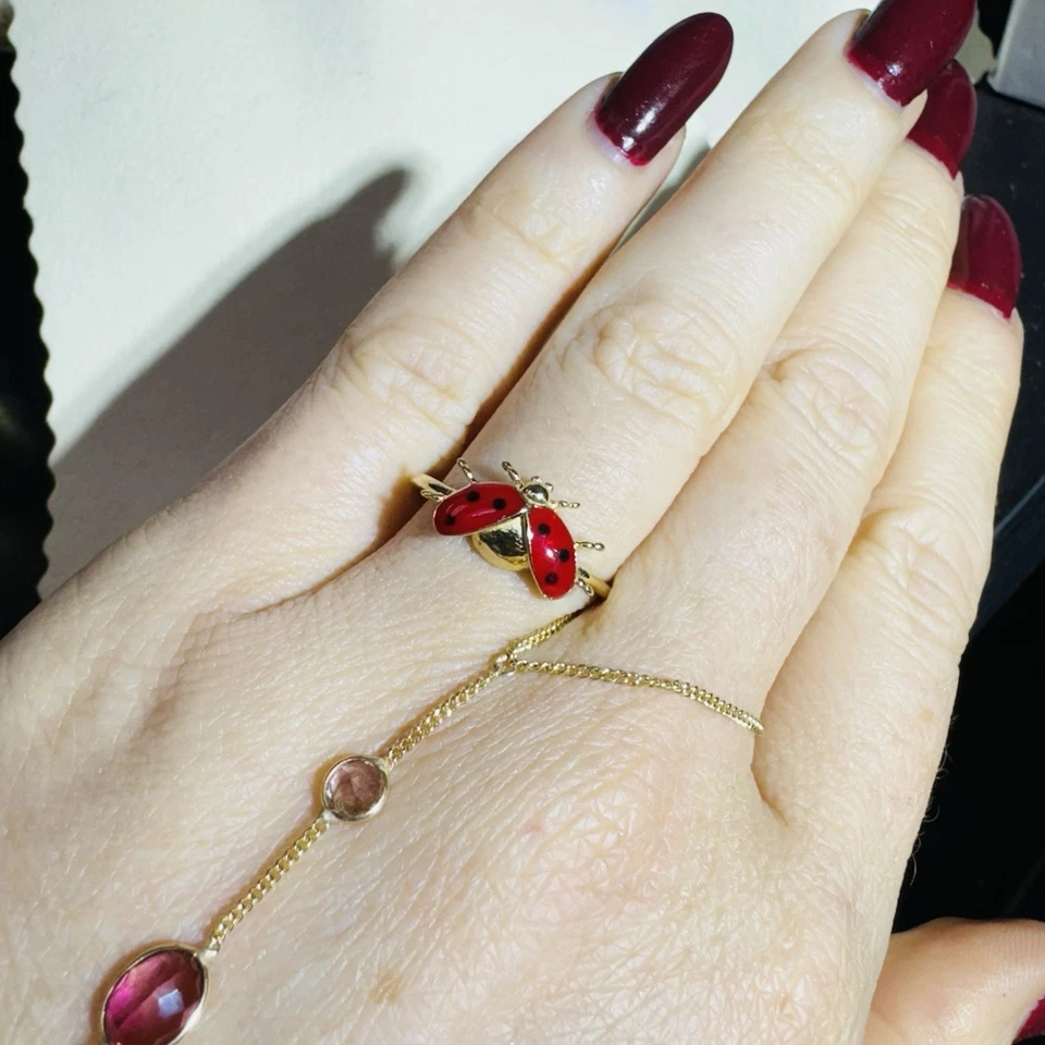 实心 14K 黄金珐琅女士虫带戒指 尺寸 7.5 — 第 3/4 张图片