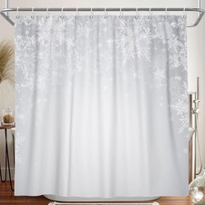 Winter Holiday Shower Curtain Christmas Theme White Sparkle Snowflakes Bathro...